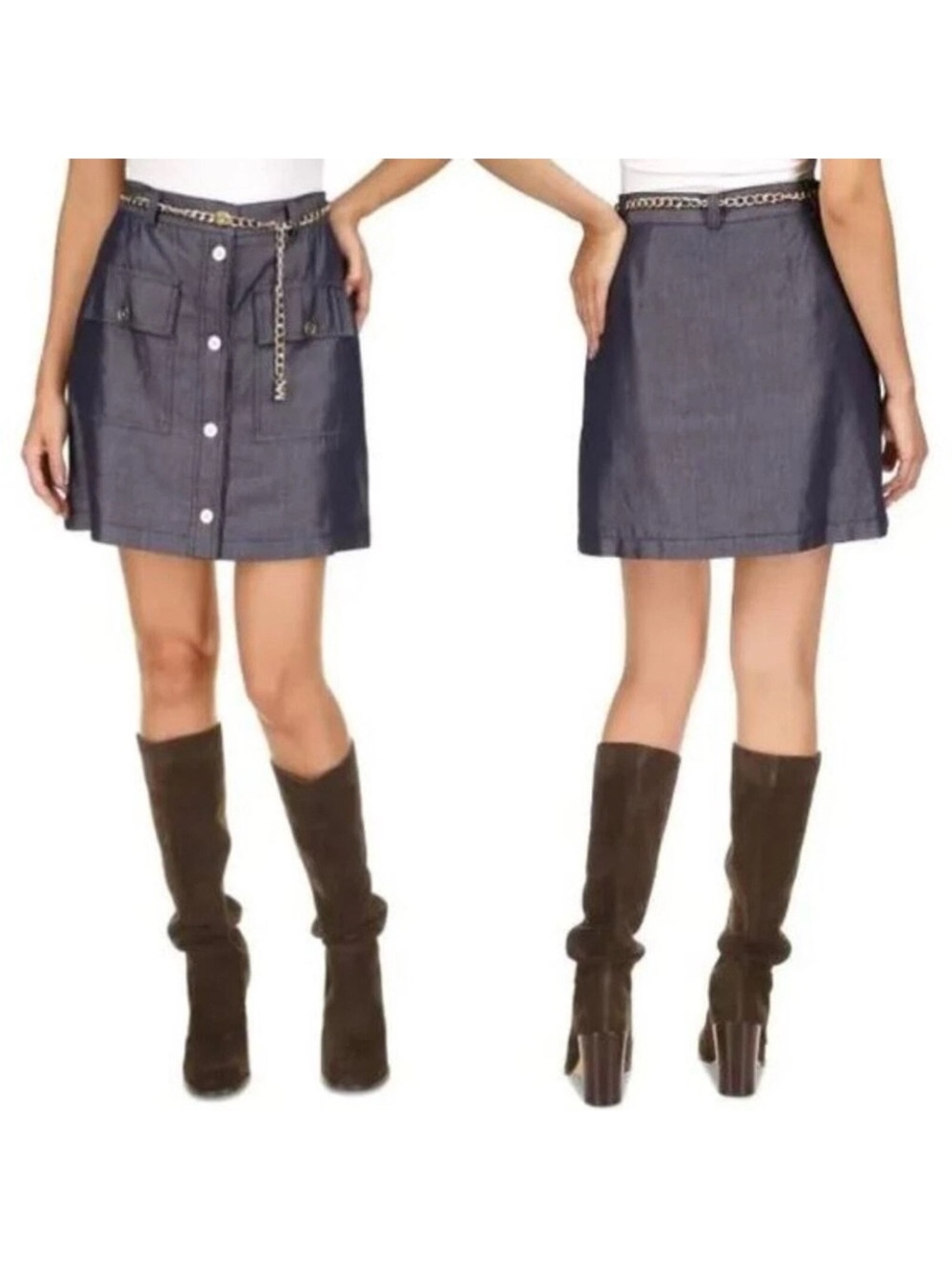 Michael Kors Belted Denim A-Line Button-Front Mini Skirt Sz 4